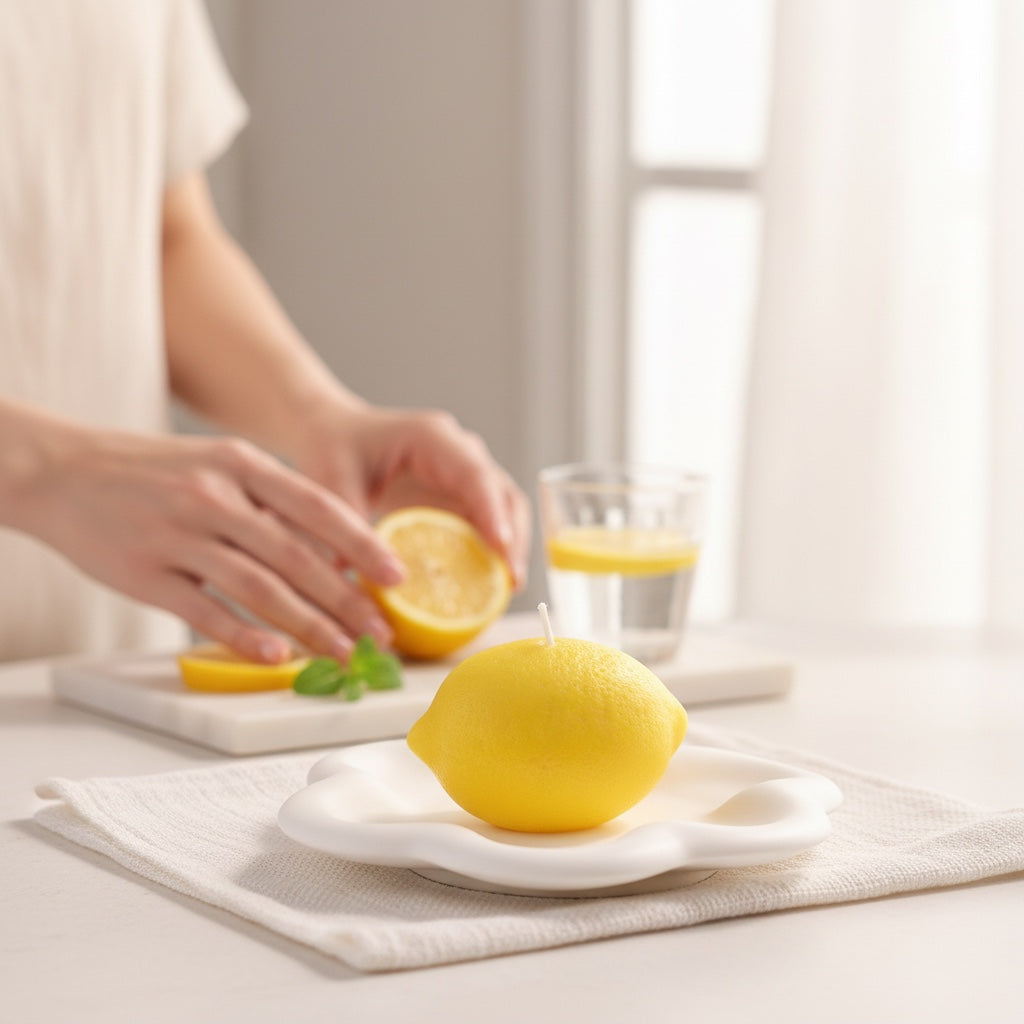 Pepper & White lemon-shaped candle on a white scalloped plate with a person preparing fresh lemon slices in background