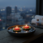 Pepper & White lotus flower shaped floating wax candles with red centers and sage-green petals in a water bowl at night