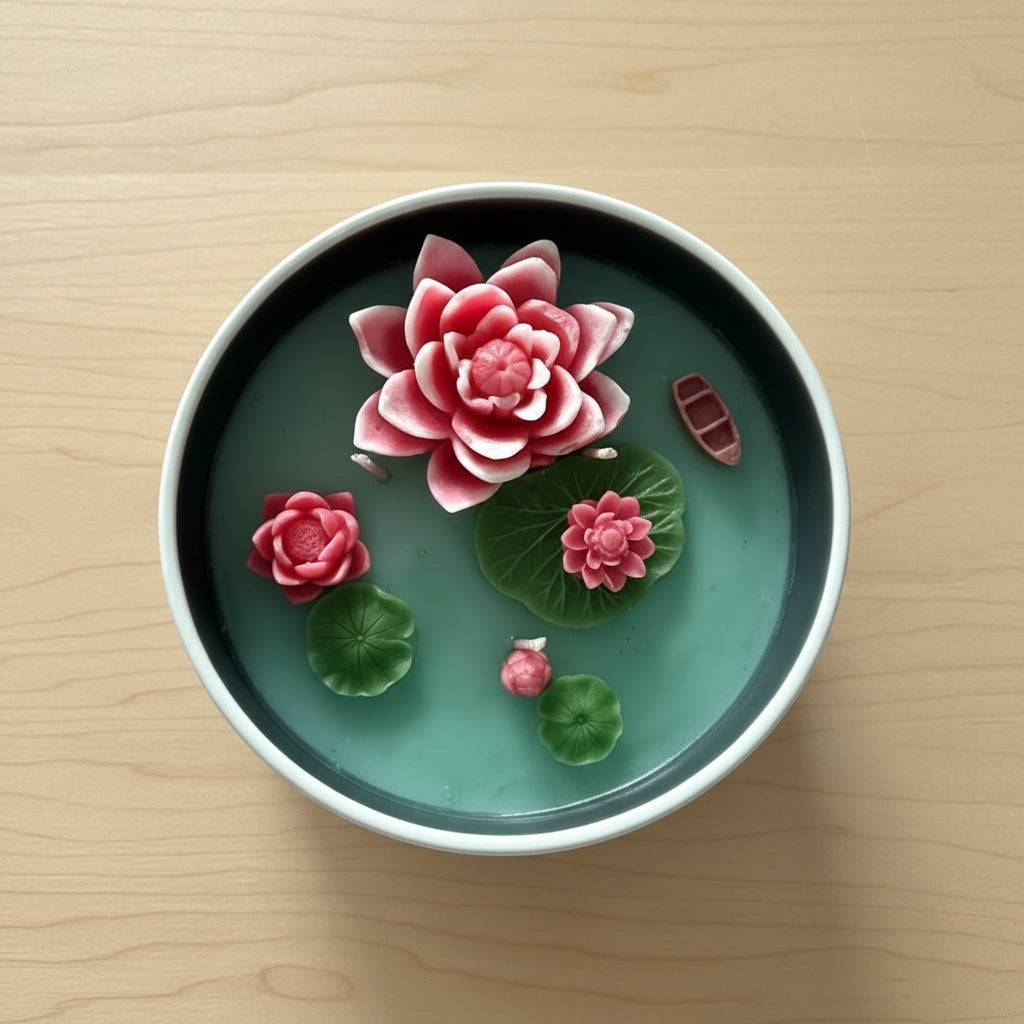 Pepper & White decorative lotus flower candle in a ceramic bowl with pink wax blossoms and green lily pads