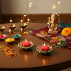 Pepper & White lotus flower shaped wax candles in red and sage green, displayed on a table with festive decor.