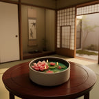 Pepper & White lotus flower floating candle in a ceramic bowl, featuring pink wax blossoms on green lily pads.