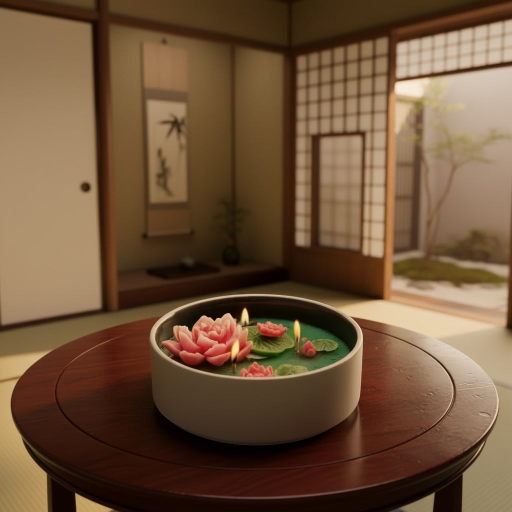Pepper & White lotus flower floating candle in a ceramic bowl, featuring pink wax blossoms on green lily pads.