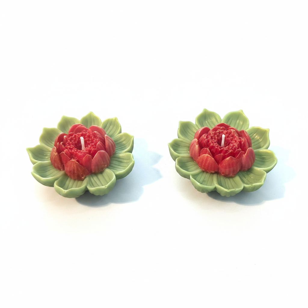 Pepper & White lotus flower shaped wax candles with sage-green petals and a vibrant red center for floating decor.