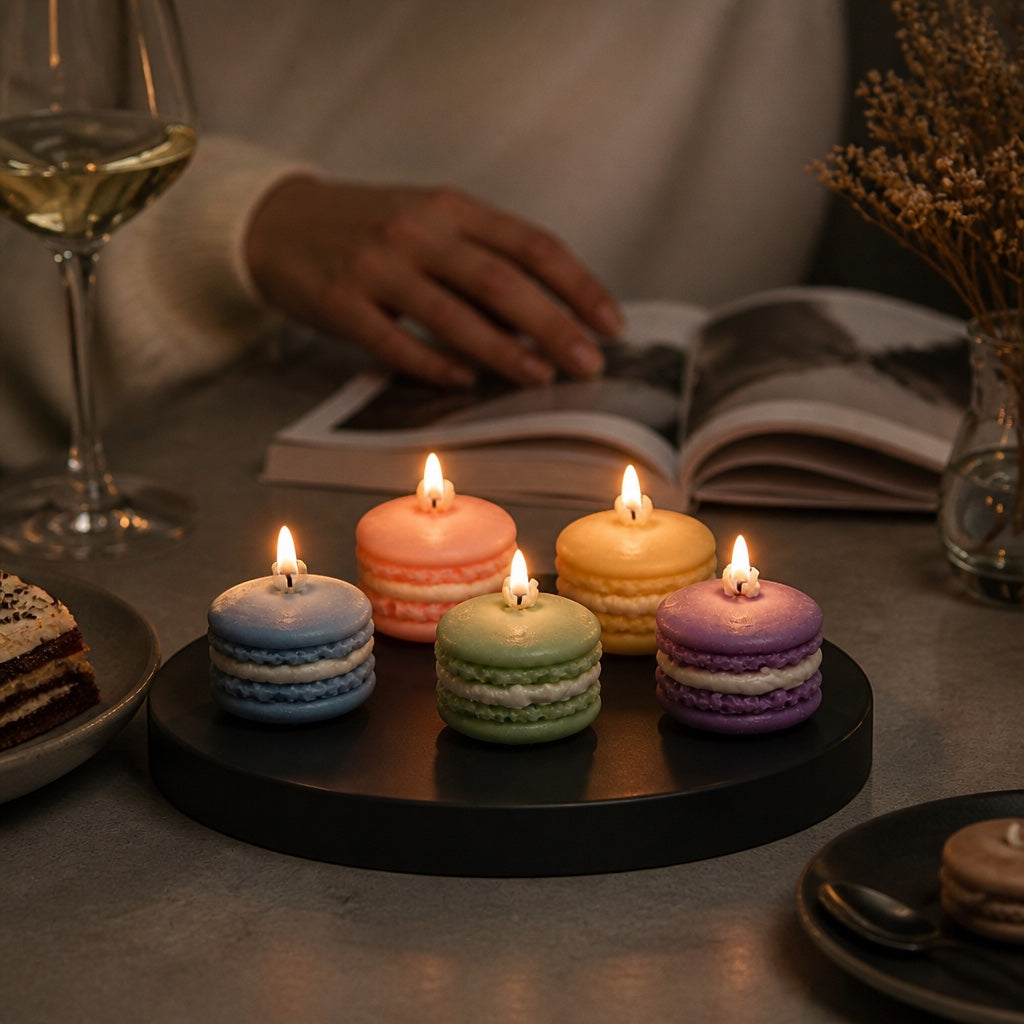 Pepper & White set of five colorful macaron shaped wax candles with lit wicks on a black tray for home decor