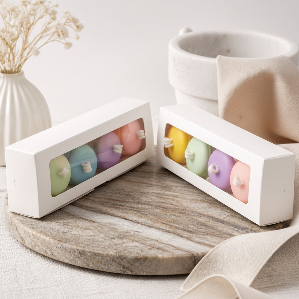 Pepper & White macaron shaped wax candles in pastel colors displayed in white gift boxes on a marble tray