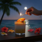 Pepper & White Tropical Delight mango scented candle in a glass jar being lit on a beach at night with hibiscus flowers