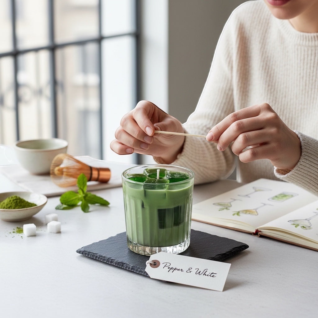 Pepper & White matcha latte scented candle in a glass tumbler on a slate coaster with matcha powder and a whisk