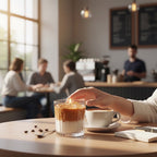 Pepper & White Matcha Latte candle in a ribbed glass tumbler on a cafe table with a hand reaching towards the flame.