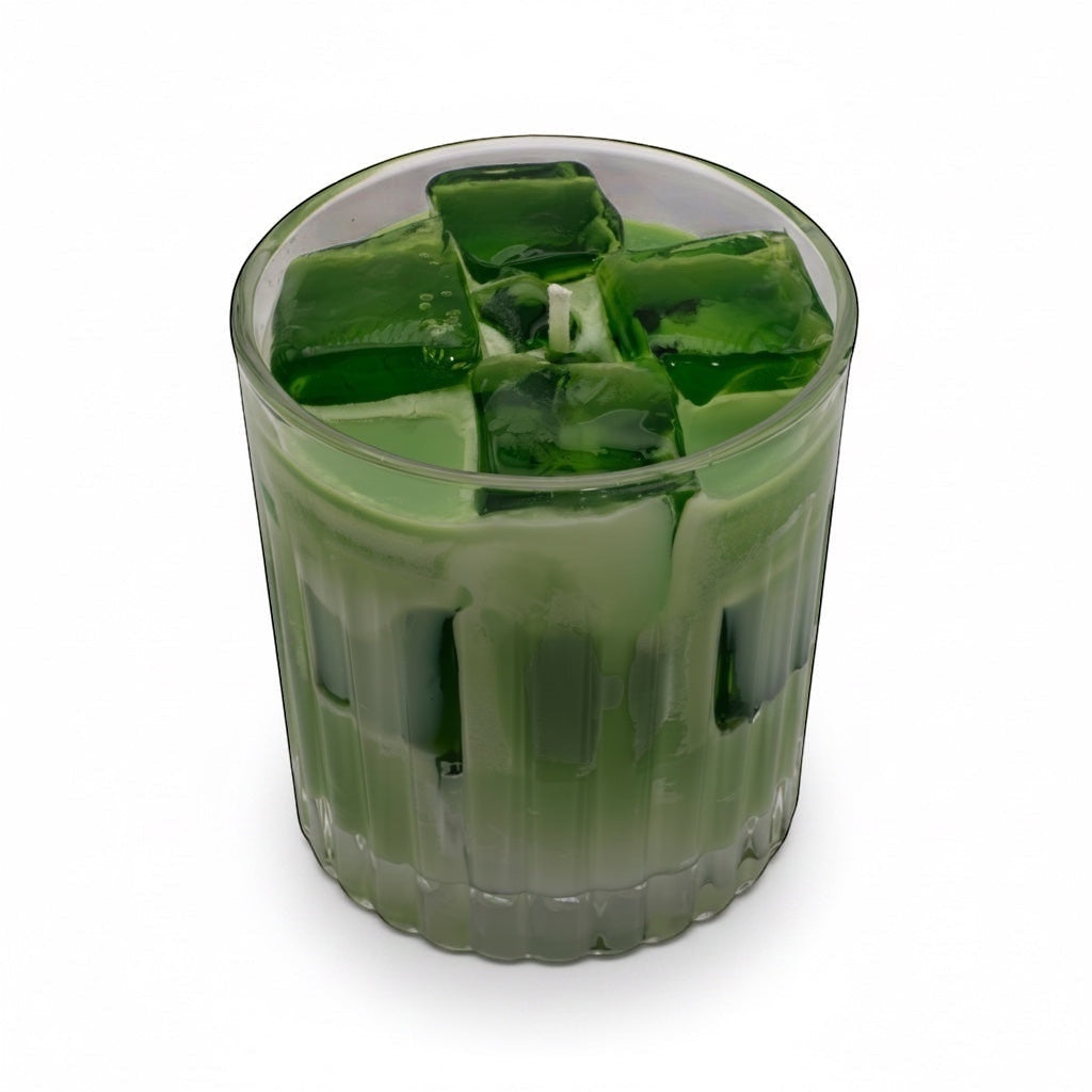 Pepper & White matcha latte green tea candle in a glass with realistic green wax ice cubes