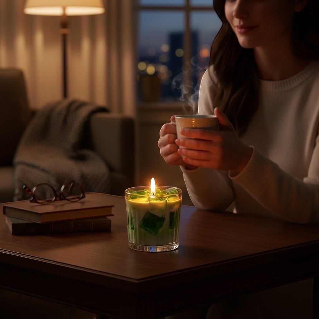 Pepper & White matcha latte scented candle in a glass jar, glowing on a wooden table with a woman holding a warm mug.