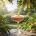 Pepper & White Mimosa Bloom chamomile scented candle in a glass coupe, surrounded by yellow mimosa flowers outdoors.