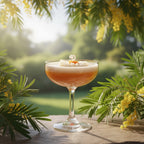 Pepper & White Mimosa Bloom chamomile scented candle in a glass coupe, surrounded by yellow mimosa flowers outdoors.