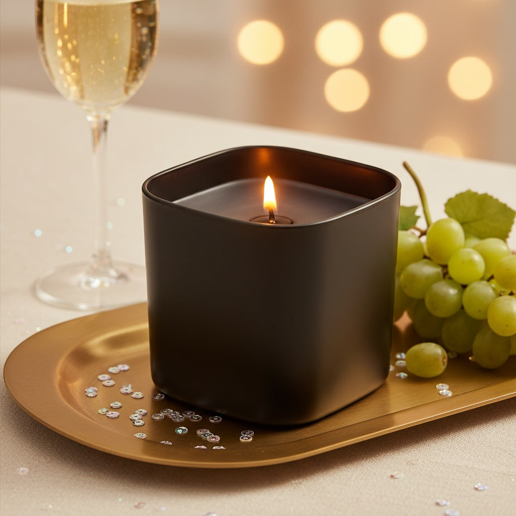 Pepper & White Noir Champagne scented candle in a matte black square vessel on a gold tray with grapes and champagne