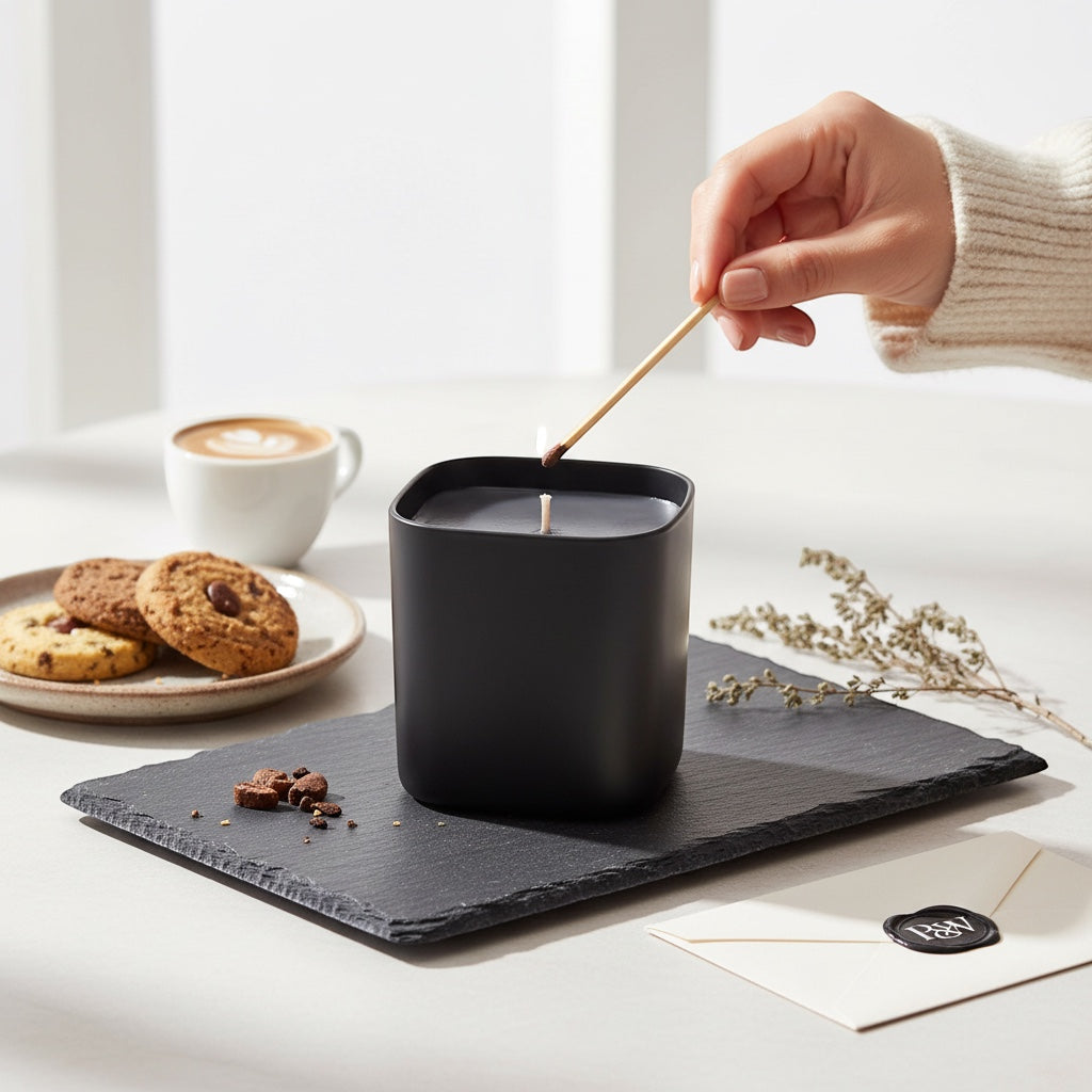 Pepper & White Noir Champagne scented candle in a matte black square jar being lit with a match on a slate tray.