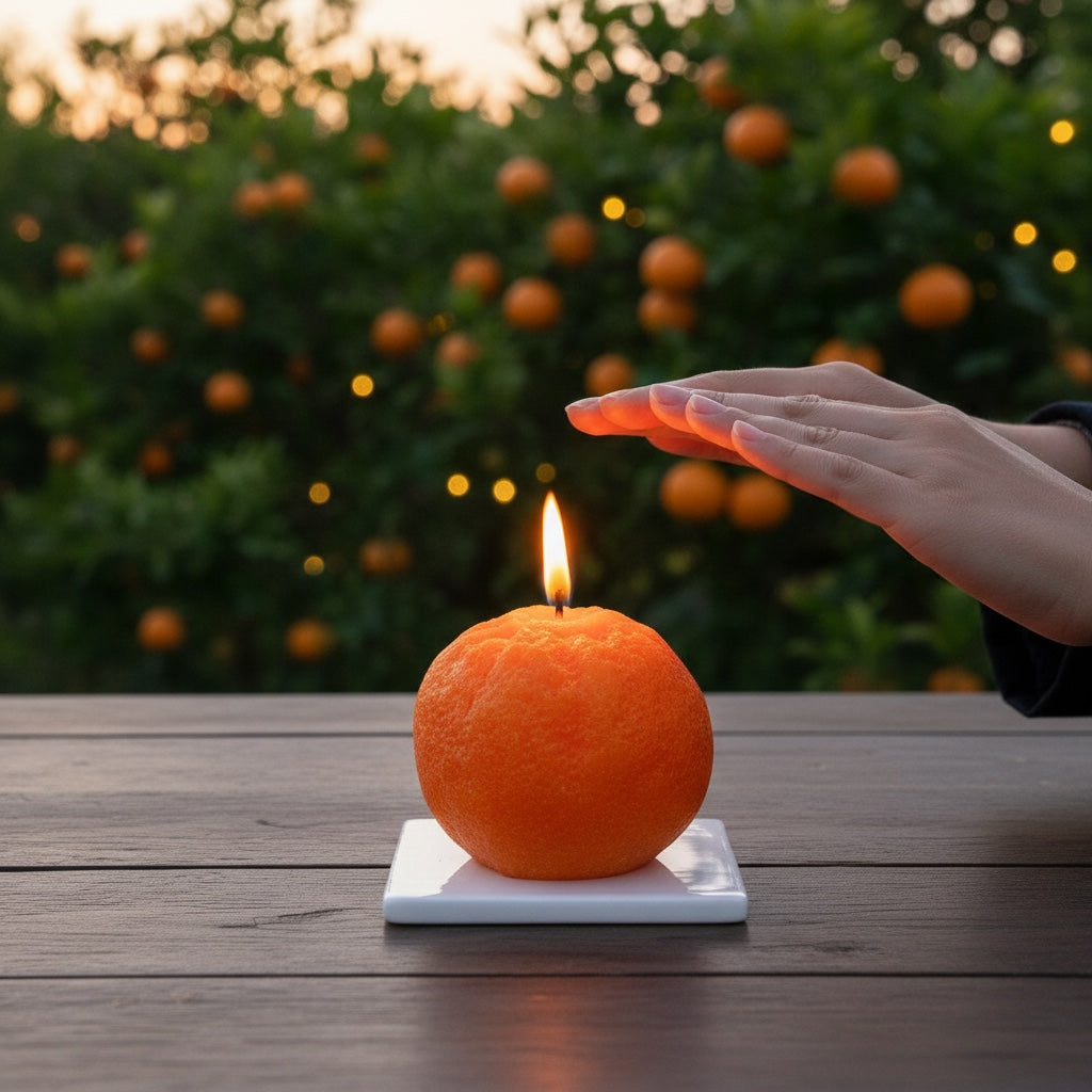 Pepper & White orange-shaped candle burning on a white square coaster with a hand held above it in an orchard