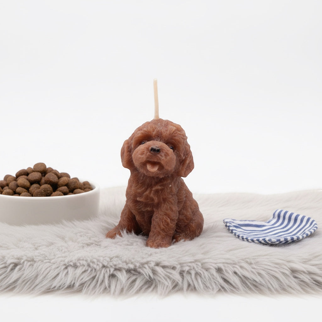 Pepper & White Cosy Paws Freesia candle shaped like a brown poodle puppy sitting on a grey faux fur rug.
