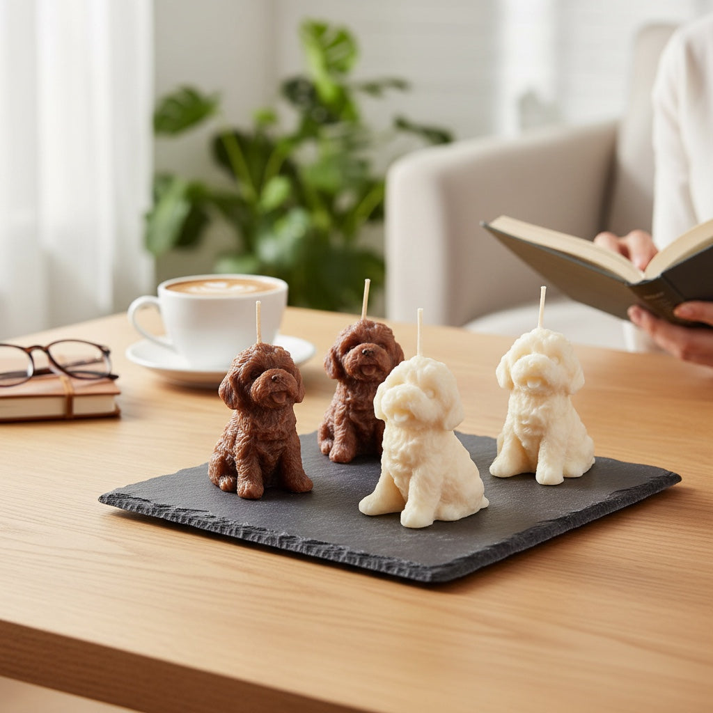 Pepper & White Cosy Paws puppy candles in brown and ivory on a slate tray, perfect for pet lovers and home decor.