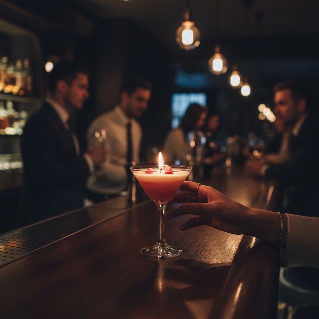 Pepper & White Scarlet Sip cranberry cocktail candle in a martini glass with a lit wick on a dark bar counter