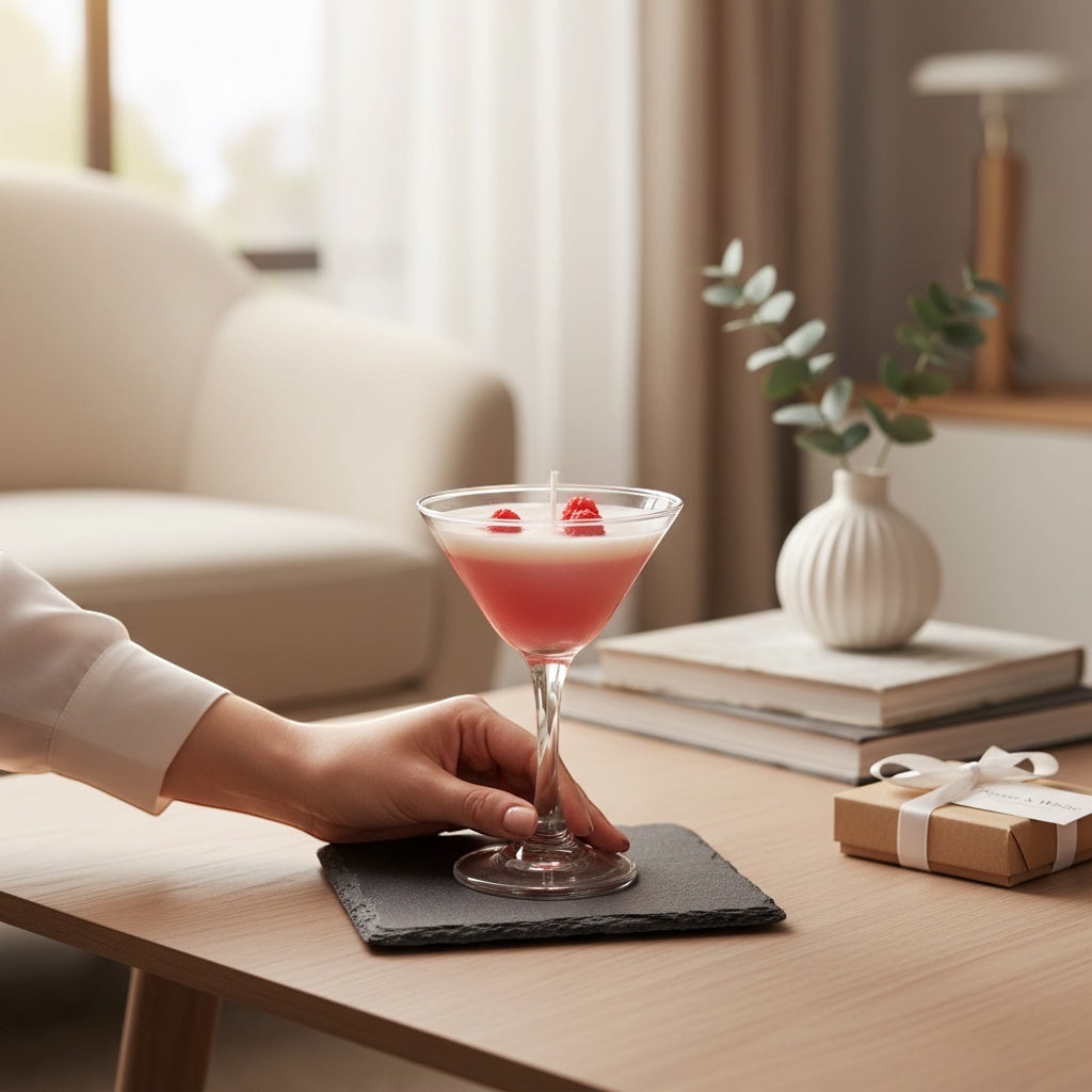Pepper & White Scarlet Sip strawberry martini candle in a glass with wax raspberry toppings on a slate coaster