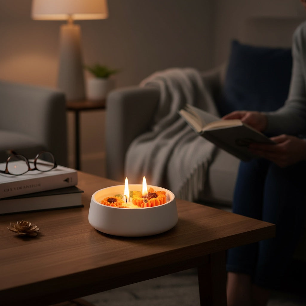 Pepper & White sunflower soy wax candle with three lit wicks in a white ceramic bowl on a cozy living room table.