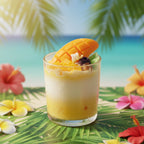Pepper & White Tropical Delight mango dessert candle in a glass with fresh fruit topping on a tropical beach background