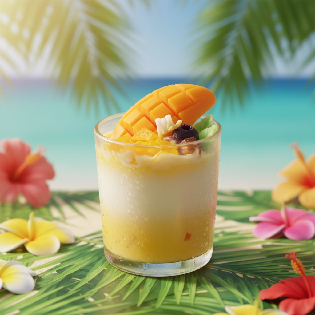 Pepper & White Tropical Delight mango dessert candle in a glass with fresh fruit topping on a tropical beach background