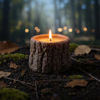 Pepper & White Wildwood Agarwood Rose candle shaped like a rustic tree stump, glowing in a dark forest setting.