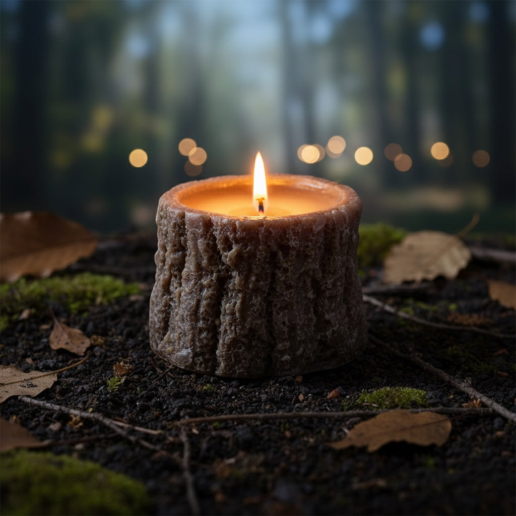 Pepper & White Wildwood Agarwood Rose candle shaped like a rustic tree stump, glowing in a dark forest setting.