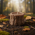 Pepper & White Wildwood Agarwood Rose candle shaped like a rustic tree stump on a mossy forest floor.